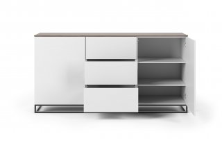 Buffet WHITY 2 blanc mat 180cm 2 portes/3 tiroirs Plateau en bois noyer avec pieds noir métal